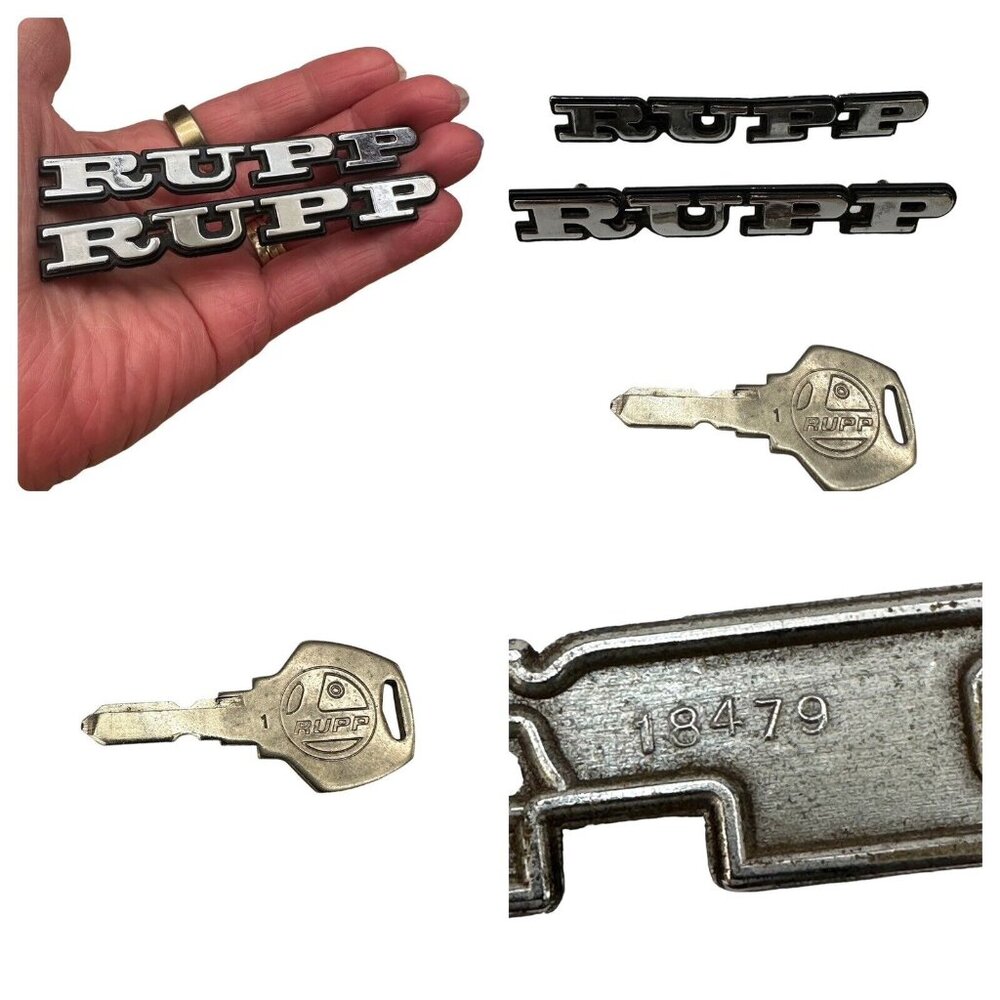 2 Vintage Rupp snowmobile Metal Emblems Badge Logos and a key.